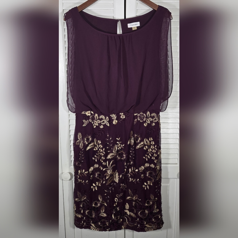 Calvin Klein Plum Gold Mini Embroidered Formal Sleeveless Chiffon Sz 10